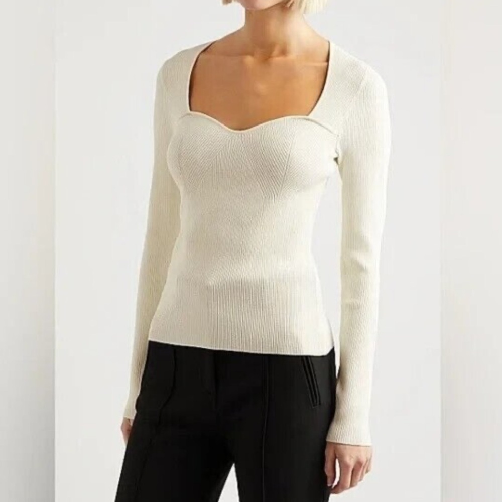 Veronica Beard Cream Ribbed Long Sleeve Top